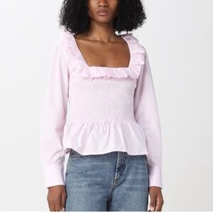 NWOT GANNI‎ Cotton Poplin Open-neck Smocked Blouse in Lilac